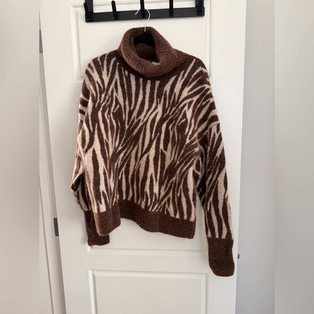 Tiger of Sweden Brown and Cream Zebra Turtleneck Wool Blend Sweater